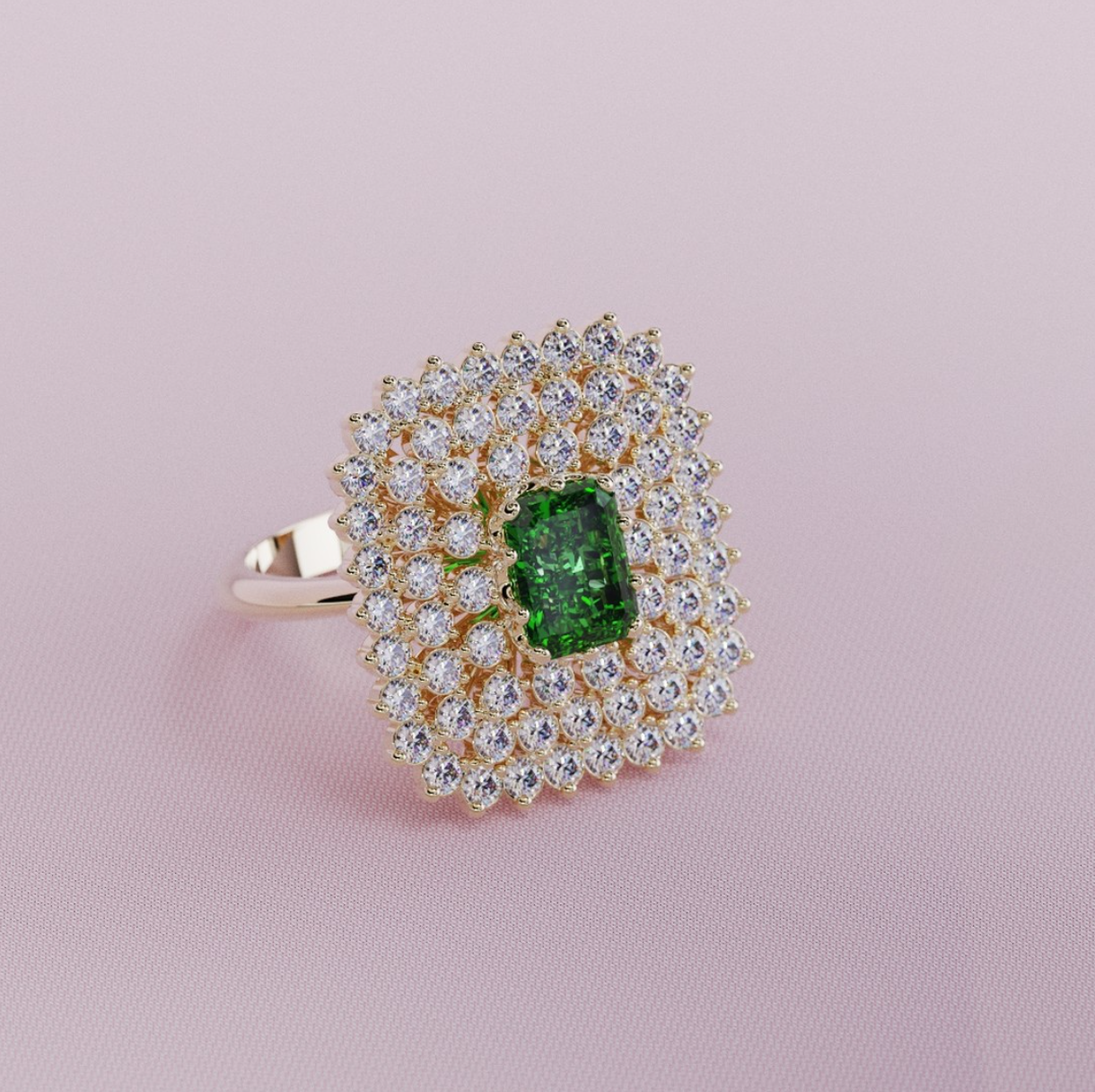 Anillo con halo de diamantes y gema verde